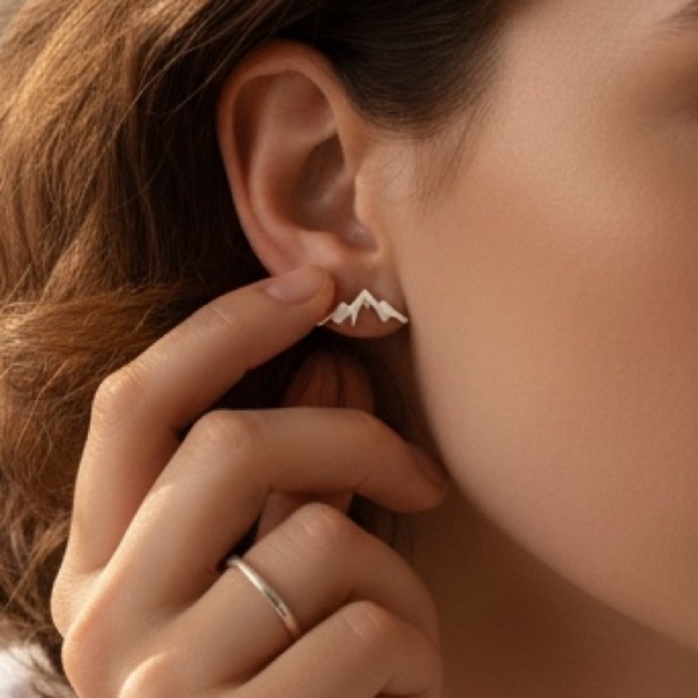 Mountain Silhouette Skiing Hiking Mini 925 Sterling Silver Simple Stud Earring - Picture 2 of 13
